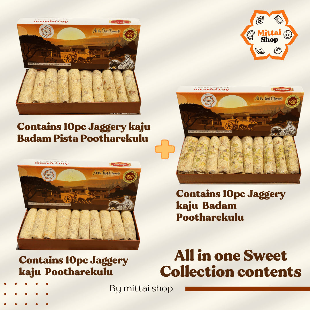 All types of Jaggery or Bellam Dry fruit Pootharekulu covering one box of Kaju Badam Pista Pootharekulu, Kaju Badam Pootharekulu, Kaju Pootharekulu box all sitting on plain backgorund with text engraved below.