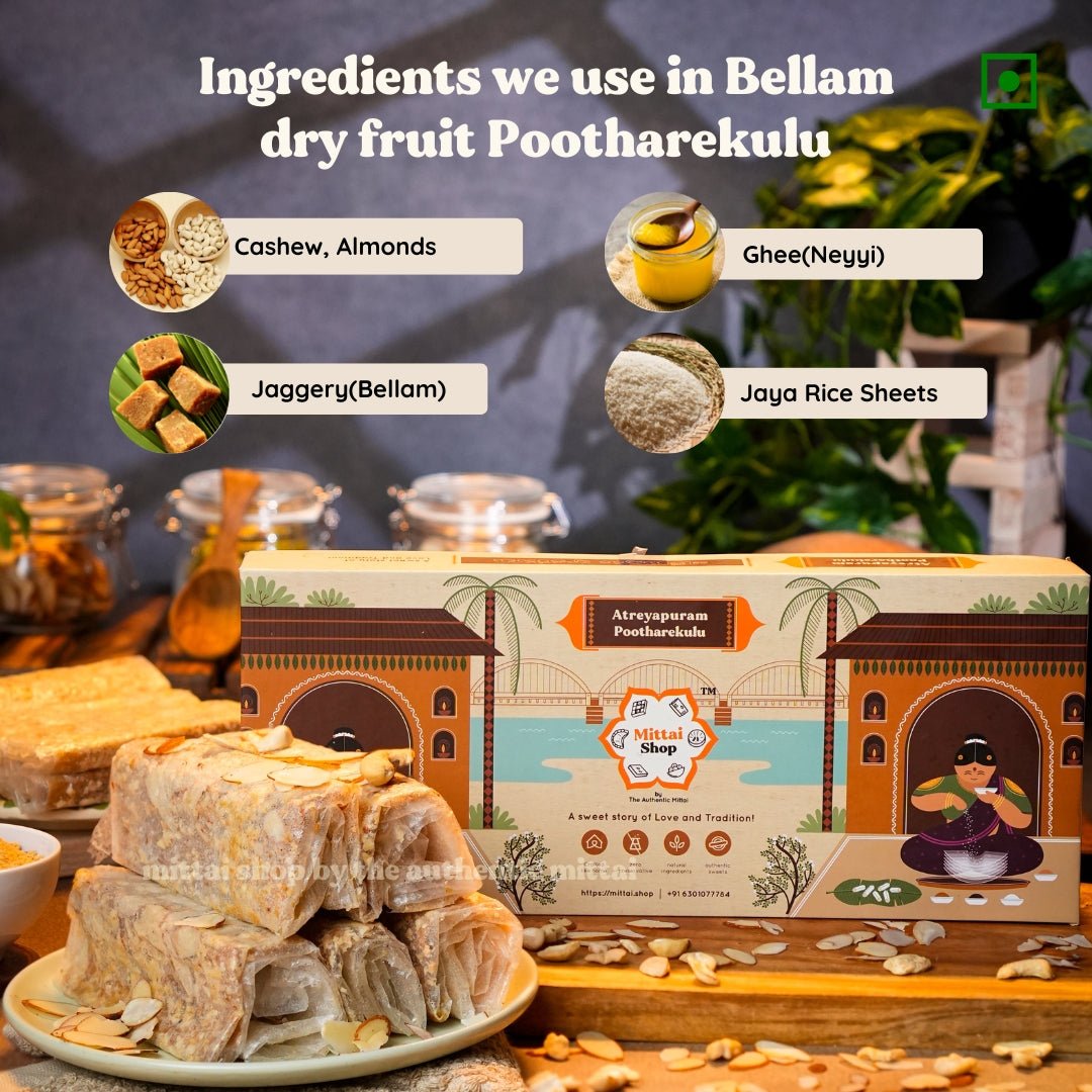 Ingredients used in Mittai Shop Jaggery Kaju Badam Papersweet - cashews, almonds, jaggery (bellam), ghee (neyyi) and rice sheets