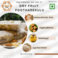 Infographic listing ingredients used in Dry Fruit Pootharekulu: cashews, almonds, pistachios, jaggery (bellam), ghee (neyyi), and jaya rice sheets