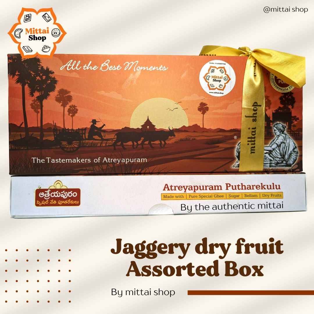Mittai Shop Jaggery Dry fruit Papersweet Assorted Box packaging - Atreyapuram Pootharekulu gift box