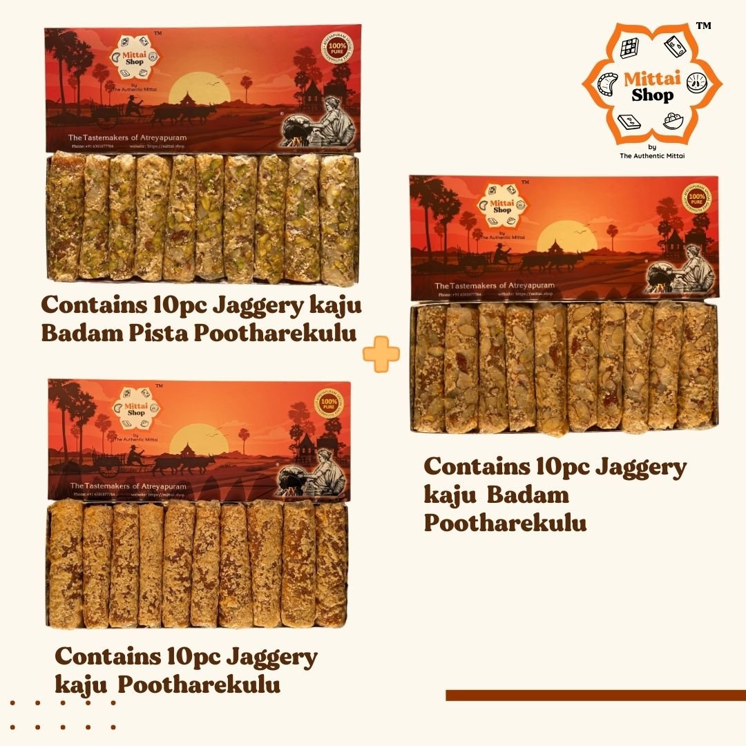 Jaggery Pootharekulu Collection contents - 10pc Kaju Badam Pista, 10pc Kaju Badam, and 10pc Kaju Pootharekulu boxes