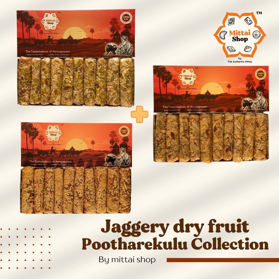 Three boxes of Mittai Shop Jaggery Dry fruit Pootharekulu Collection - Kaju Badam Pista, Kaju Badam, and Kaju varieties