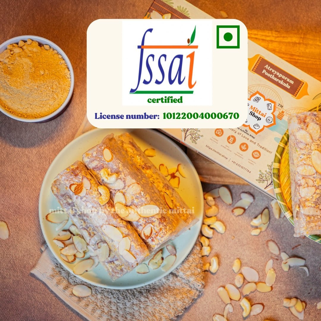 FSSAI certified badge with license number 10122004000670 next to Jaggery Cashew Almond Papersweet rolls and Mittai Shop packaging