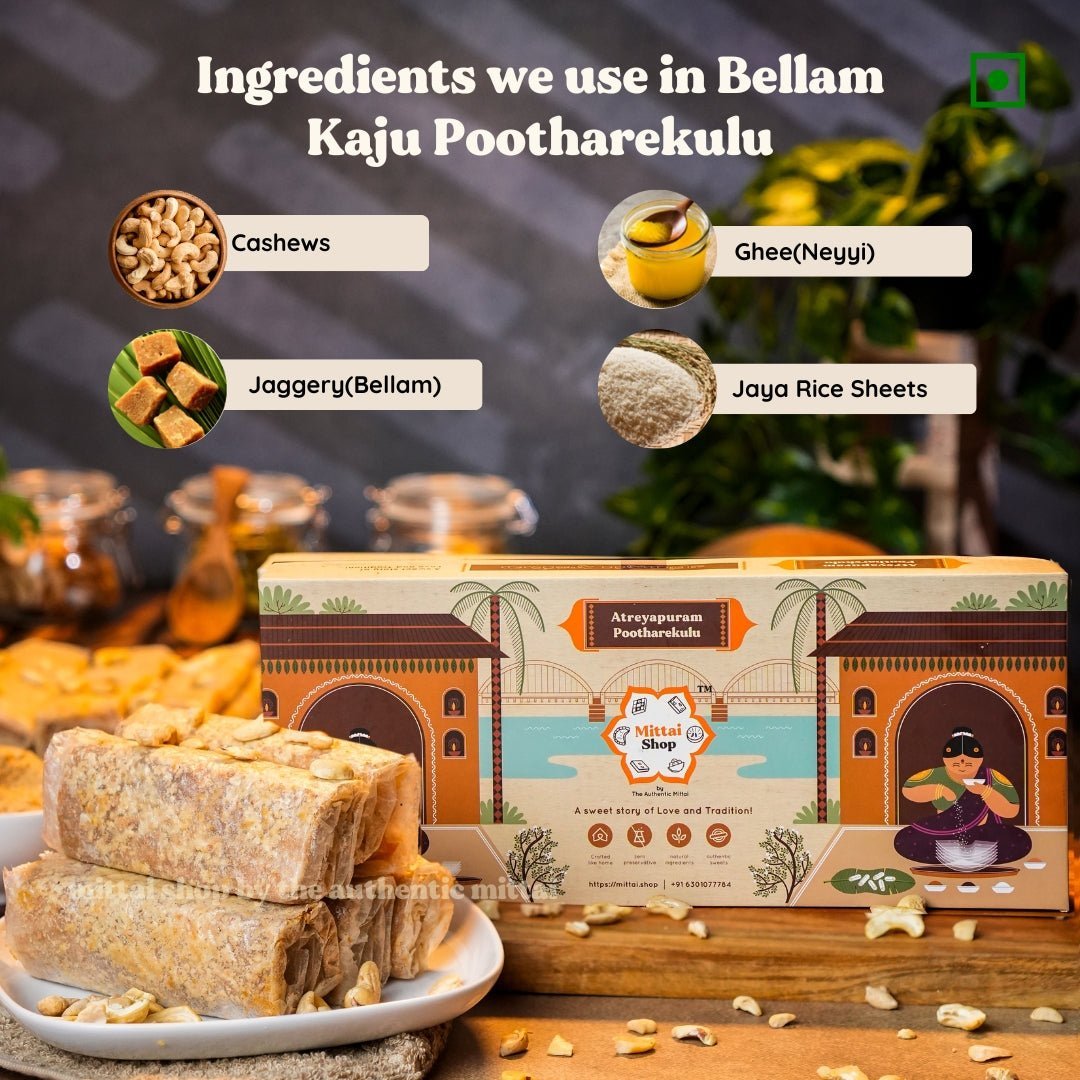 Ingredients used in Bellam Cashew Papersweet: cashews, jaggery (bellam), ghee (neyyi), and jaya rice sheets, with the Mittai Shop packaging box