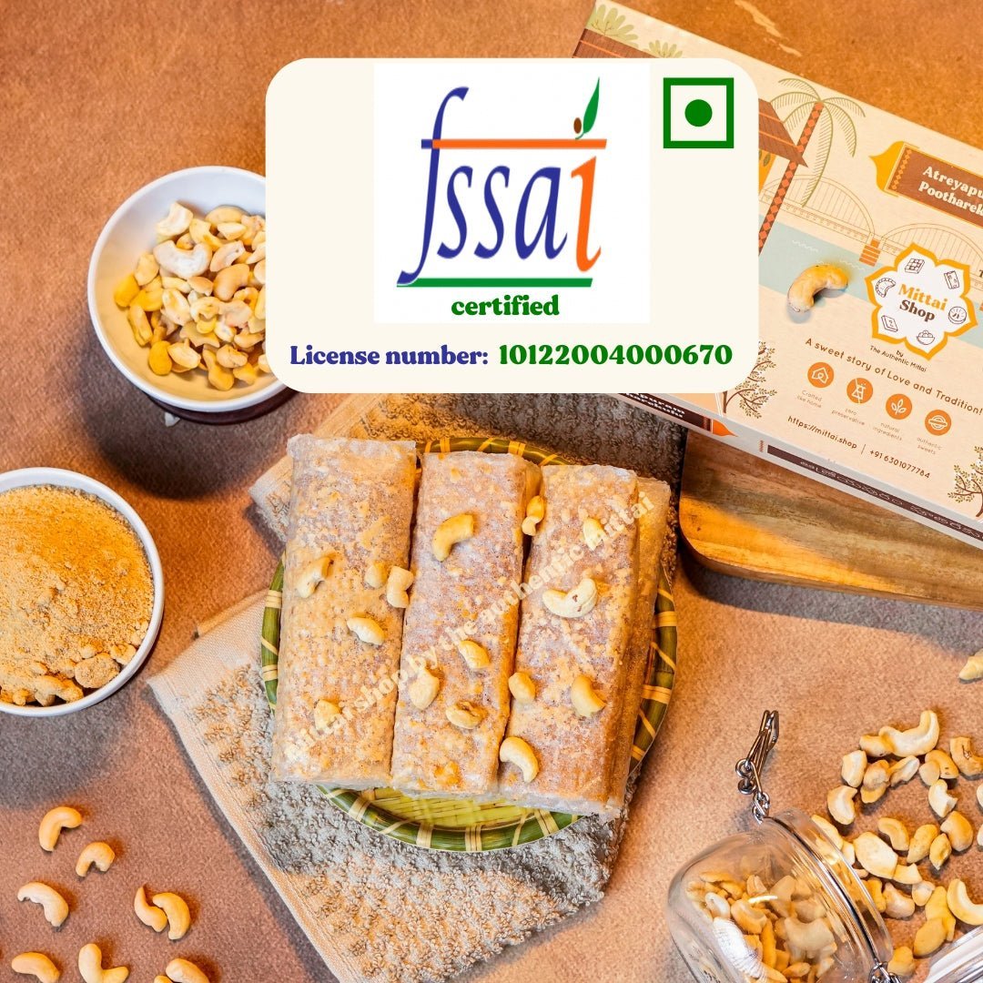 FSSAI certified badge with license number 10122004000670 next to Jaggery Cashew Papersweet rolls, cashews, and Mittai Shop packaging