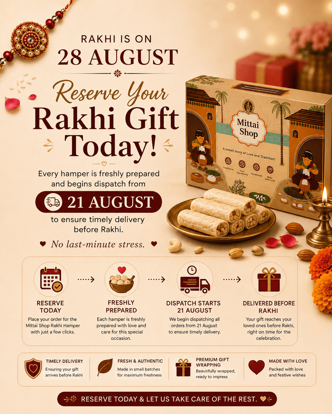 Rakhi with Traditional Dry Fruits Putharekulu (dry fruits overloaded) - Mittai Shop