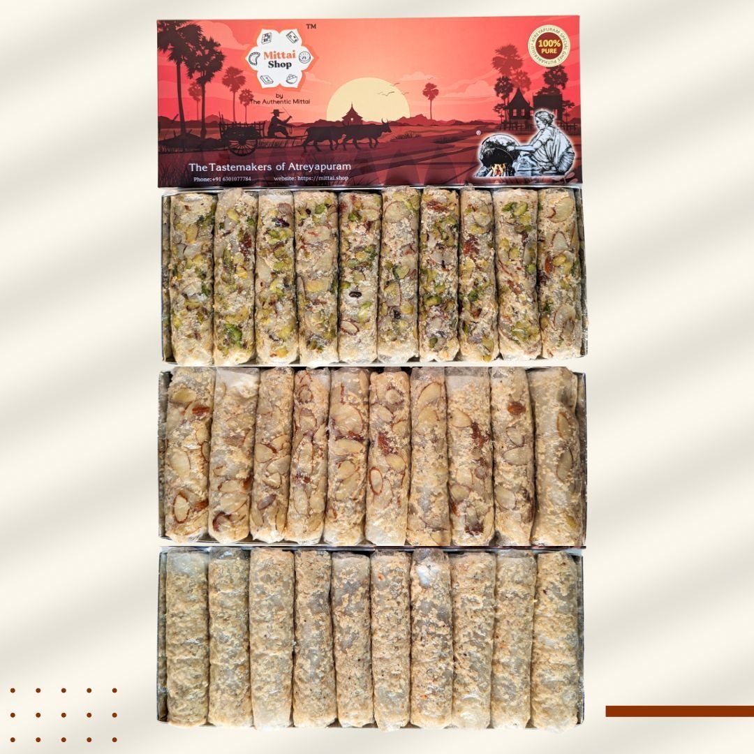Overhead view of three rows of Sugar Dry Fruit Papersweet rolls in the Pack of 30 collection, showing Kaju Badam Pista, Kaju Badam, and Kaju varieties side by side