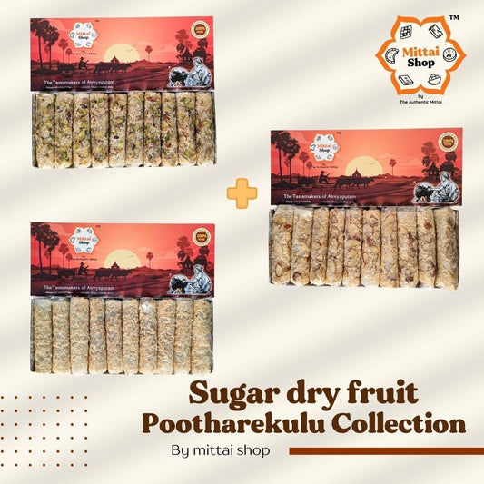 Three Mittai Shop Sugar Dry Fruit Papersweet boxes of 10 pieces each - Kaju Badam Pista, Kaju Badam, and Kaju varieties, making up the Pack of 30 collection