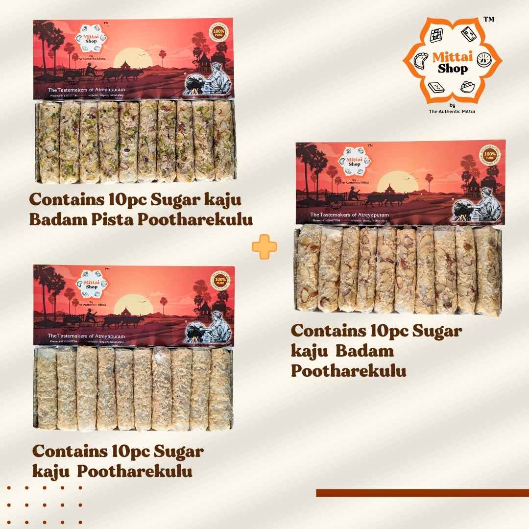 Three boxes of Sugar Dry Fruit Pootharekulu with content labels: Sugar Kaju Badam Pista, Sugar Kaju Badam, and Sugar Kaju Pootharekulu, each containing 10 pieces