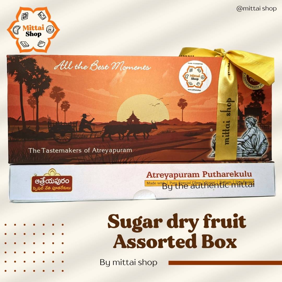 Mittai Shop Sugar Dry Fruit Pootharekulu Assorted Box with sunset-themed packaging and golden ribbon, The Tastemakers of Atreyapuram
