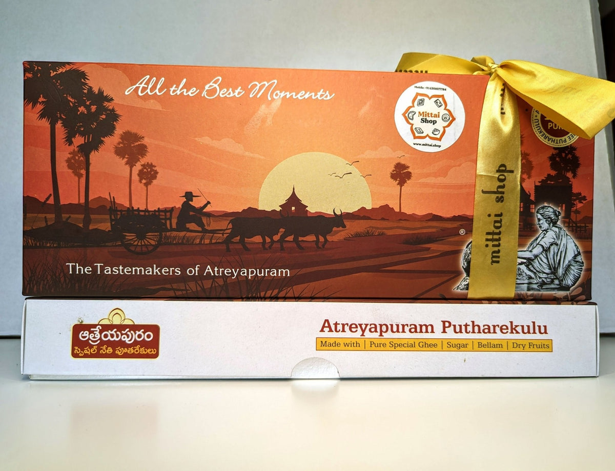 Mittai Shop Atreyapuram Pootharekulu gift box packaging with sunset branding and golden ribbon, The Tastemakers of Atreyapuram