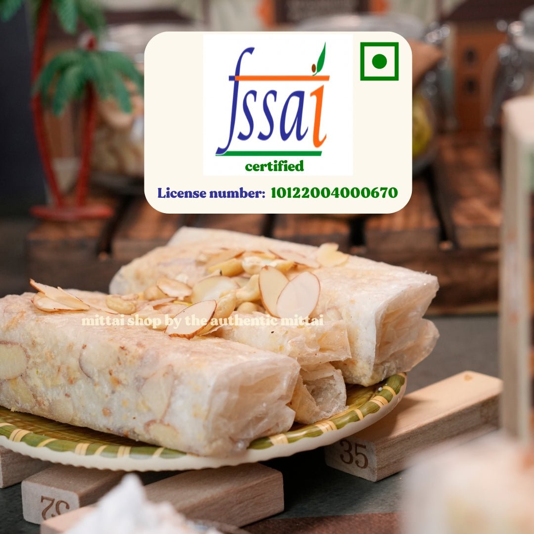 FSSAI certified badge with license number 10122004000670 next to Sugar Cashew Almond Papersweet rolls garnished with almonds
