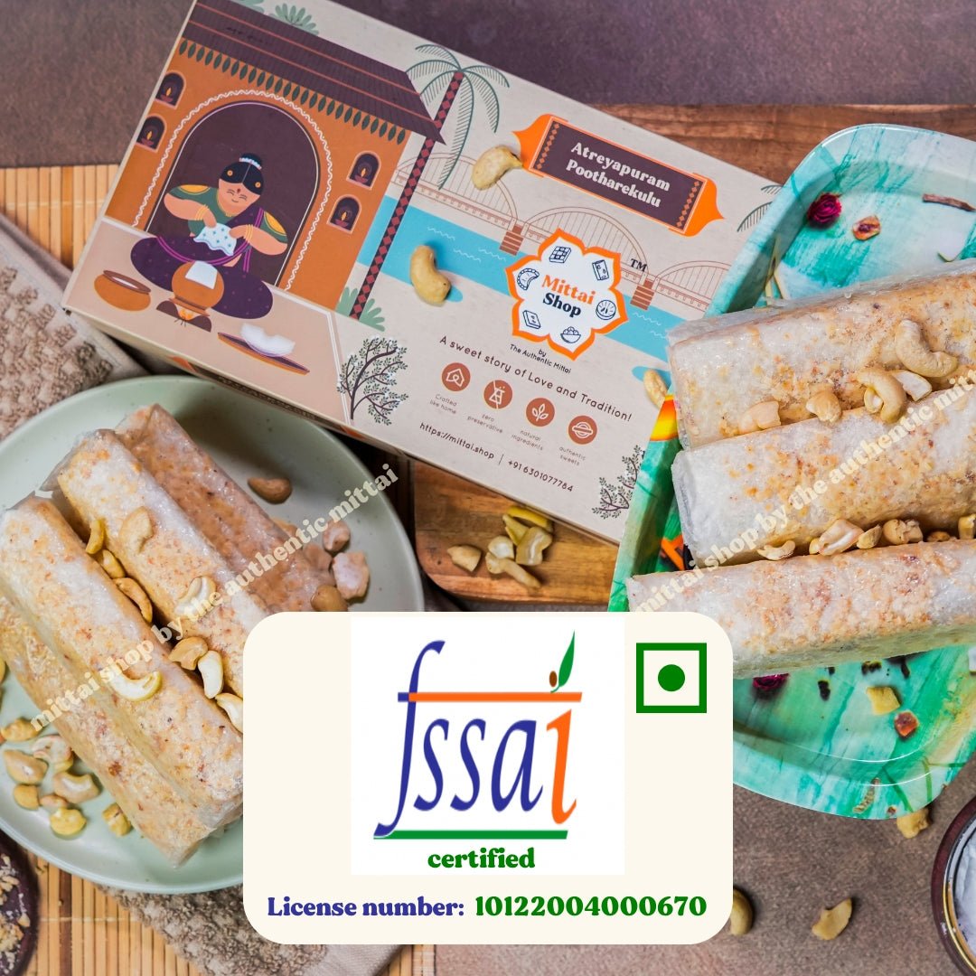 Ingredients used in Sugar Kaju Pootharekulu: cashews, ghee (neyyi), sugar, and jaya rice sheets, with the Mittai Shop packaging box