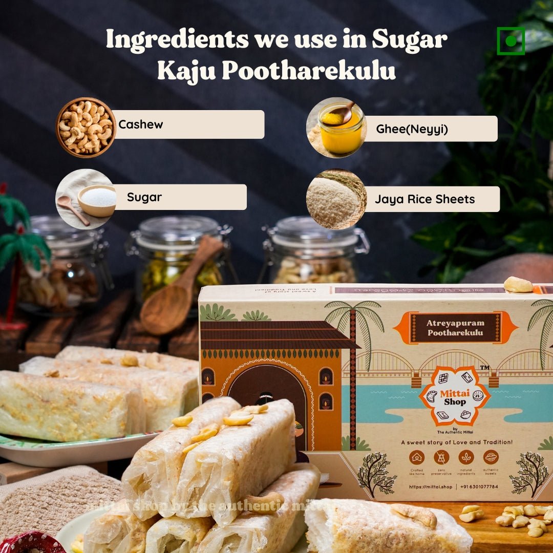 Ingredients we use in Pala Kova Billalu: sugar (panchadara), pure buffalo milk, and ghee (neyyi) - a different Mittai Shop sweet shown alongside this listing's image set