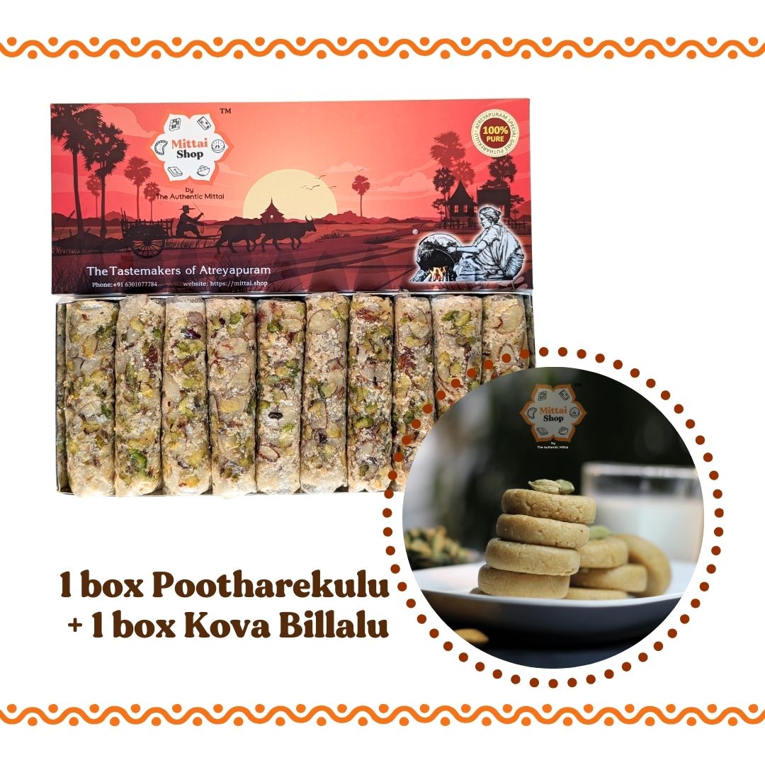 Sugar dry fruit pootharekulu and Kova billalu combo contents